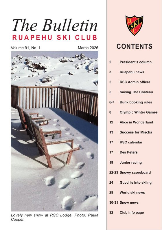 Cover of the March 2026 RSC Bulletin, snow on the Lodge deck